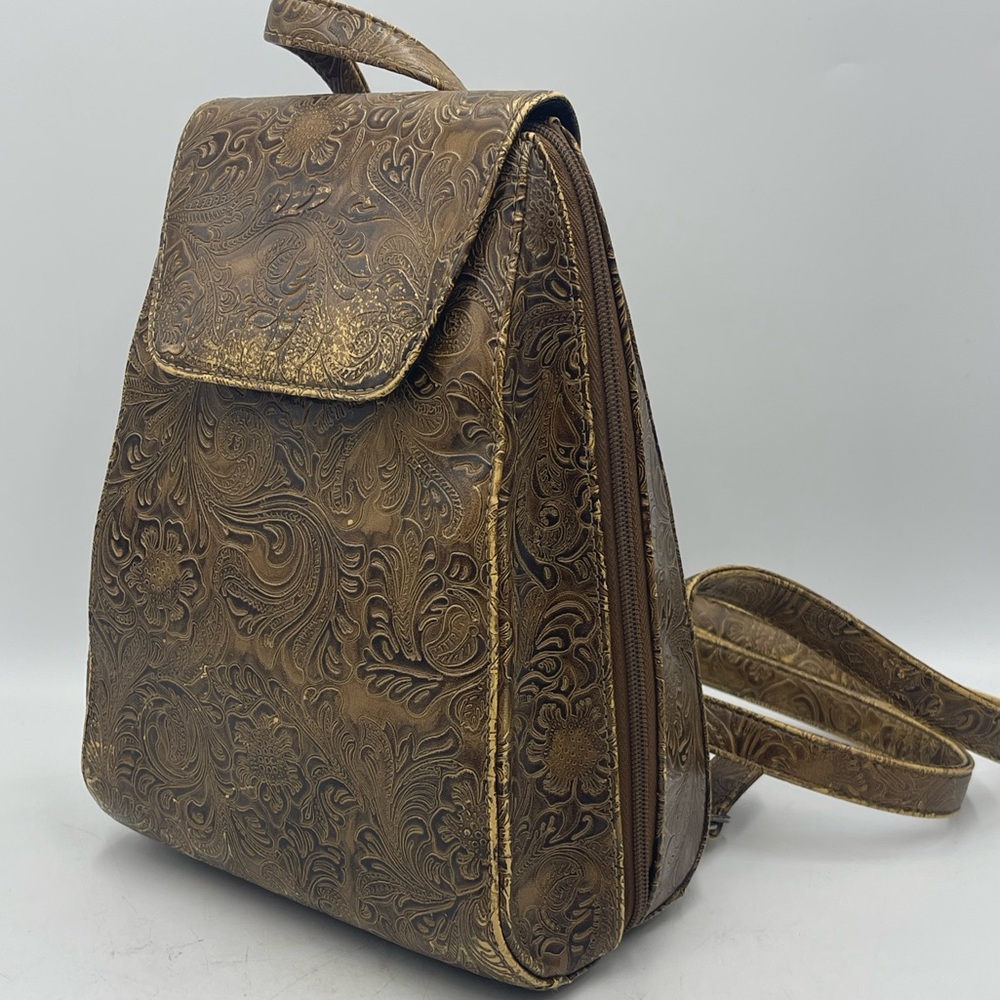 Far Nine: Vintage Brown Embossed Faux Leather Backpack Purse with Metal Hardware
